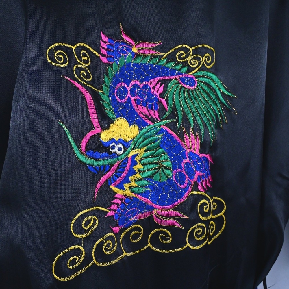 VTG Reversible Phoenix Dragon Kimono Robe Silk Satin Black Blue Pristine Boho - Picture 2 of 15
